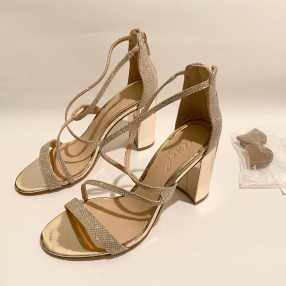 BADGLEY MISCHKA Gale Glitter Gold Strap Sandals Block Heel Pumps Dress Shoes 6.5 - Picture 6 of 10